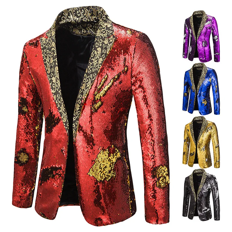 New Men Blazer Shiny Sequin Shawl Collar suit